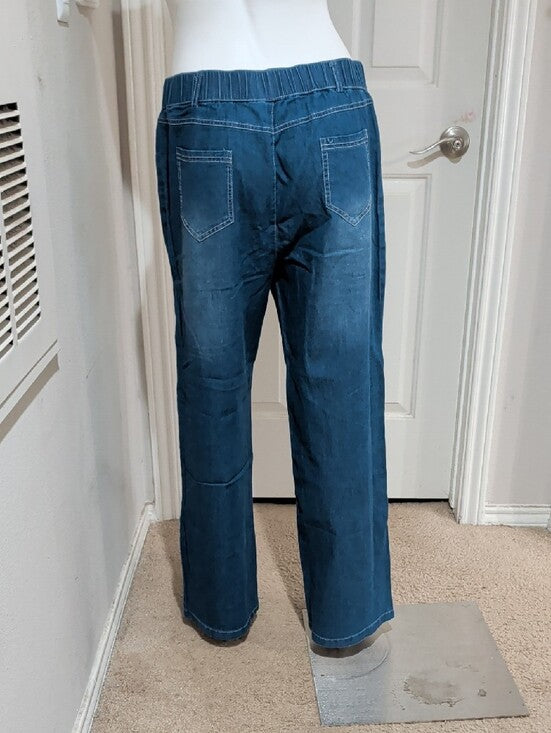 Elastic Waist Dark Blue Denim-Look Pull-On Pants Women's Large