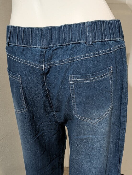 Elastic Waist Dark Blue Denim-Look Pull-On Pants Women's Large