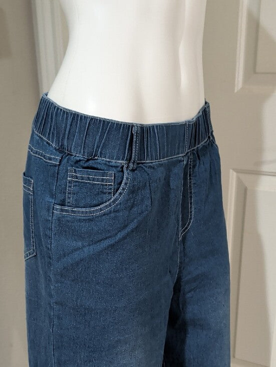 Elastic Waist Dark Blue Denim-Look Pull-On Pants Women's Large