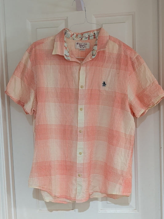 Original Penguin Coral and Cream Plaid Short-Sleeve Button-Down Shirt Men's XL