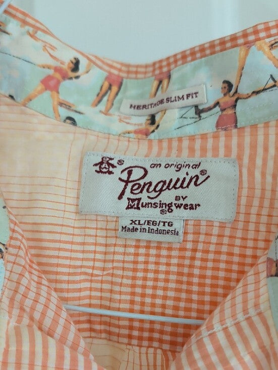 Original Penguin Coral and Cream Plaid Short-Sleeve Button-Down Shirt Men's XL