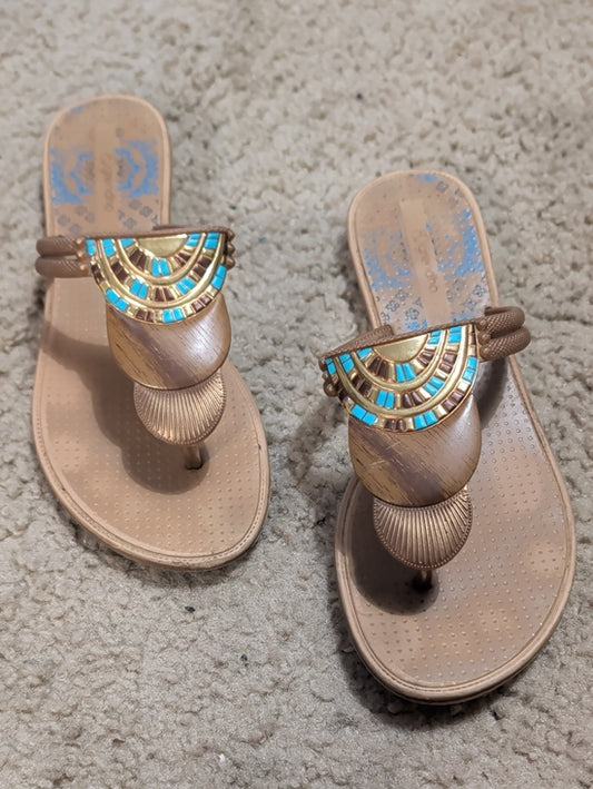Grendha Brown Beaded Toe-Post Sandals with Turquoise Accents Women's 8