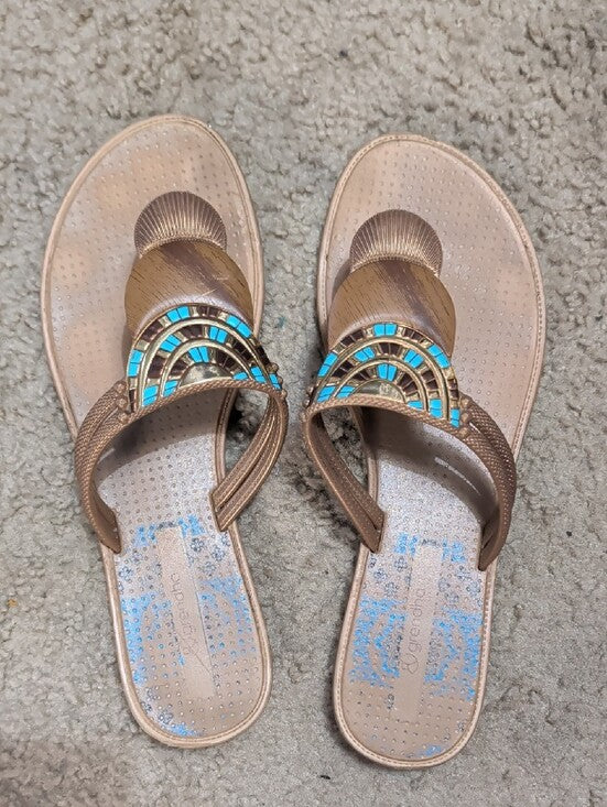 Grendha Brown Beaded Toe-Post Sandals with Turquoise Accents Women's 8