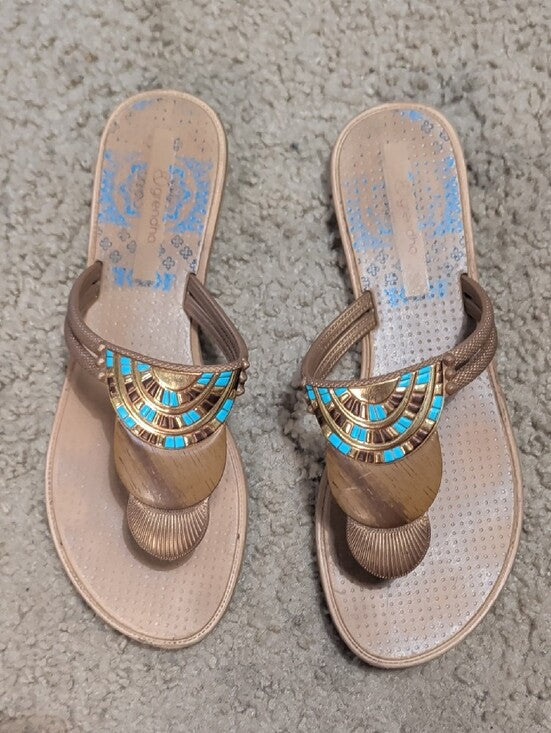 Grendha Brown Beaded Toe-Post Sandals with Turquoise Accents Women's 8