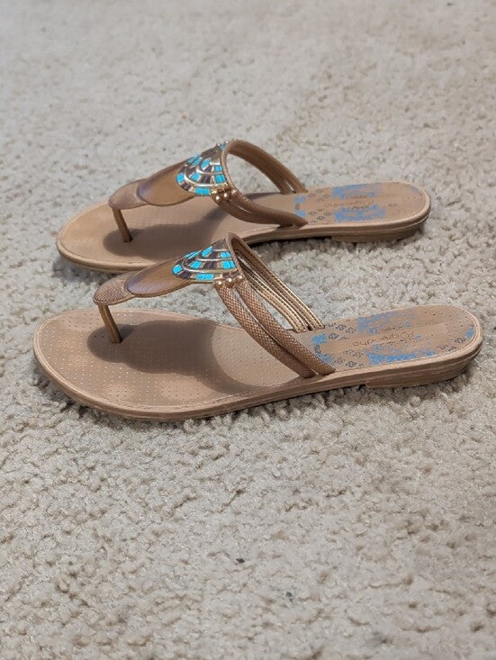 Grendha Brown Beaded Toe-Post Sandals with Turquoise Accents Women's 8