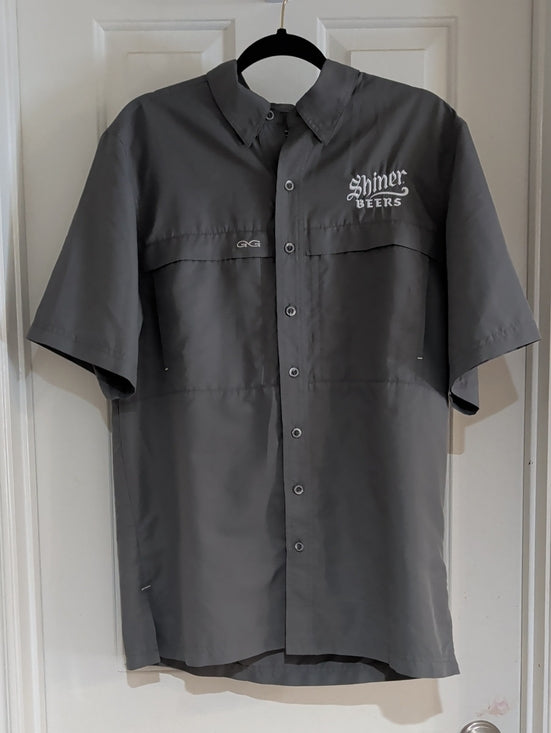 Gameguard Outdoors Shiner Beers Short Sleeve Button-Up Shirt - Gray Men's Medium