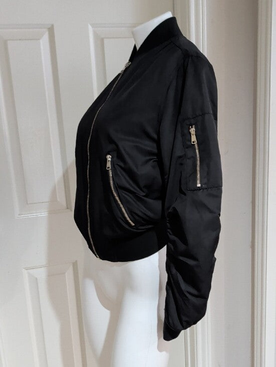 Topshop Black Puffer Bomber Jacket with Gold Zippers Women's Small
