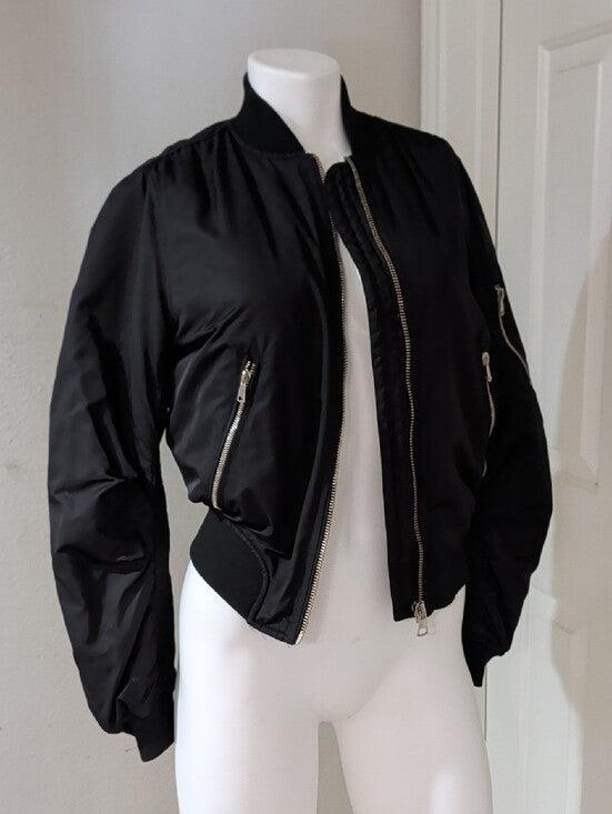 Topshop Black Puffer Bomber Jacket with Gold Zippers Women's Small