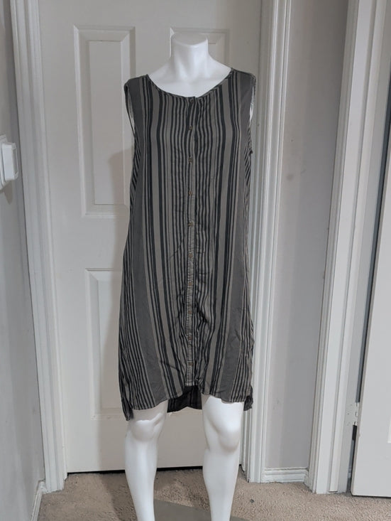 Retro Michael Stars Gray and Green Vertical-Strip Button-Front Mini Dress Small Y2K