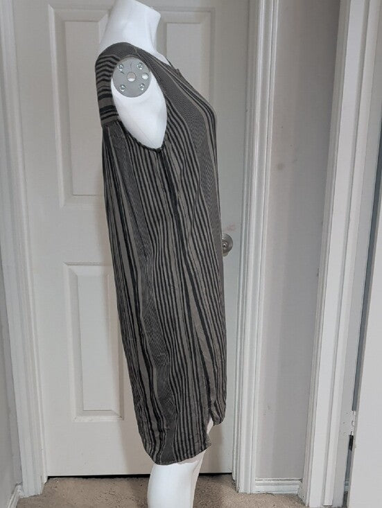 Retro Michael Stars Gray and Green Vertical-Strip Button-Front Mini Dress Small Y2K