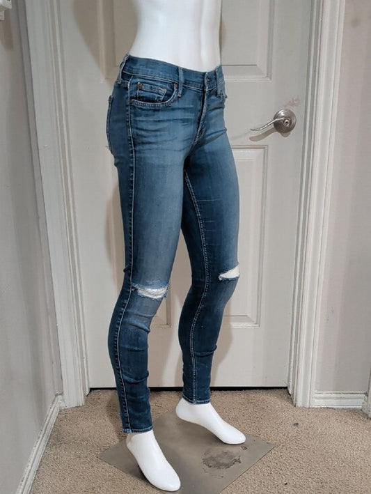Retro 7 For All Mankind Genevieve Medium Blue Distressed Skinny Jeans 26 Y2k