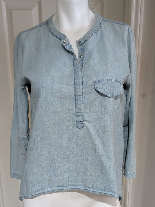 Zara Light Blue Cropped Denim Henley Shirt with Open Back Women's Medium