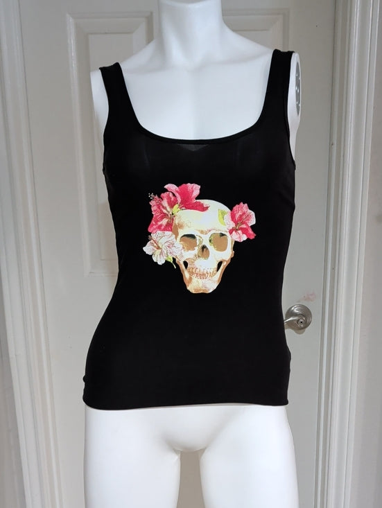 No Boundaries Black Tank Top with Floral Skull Print Small