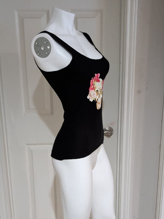 No Boundaries Black Tank Top with Floral Skull Print Small