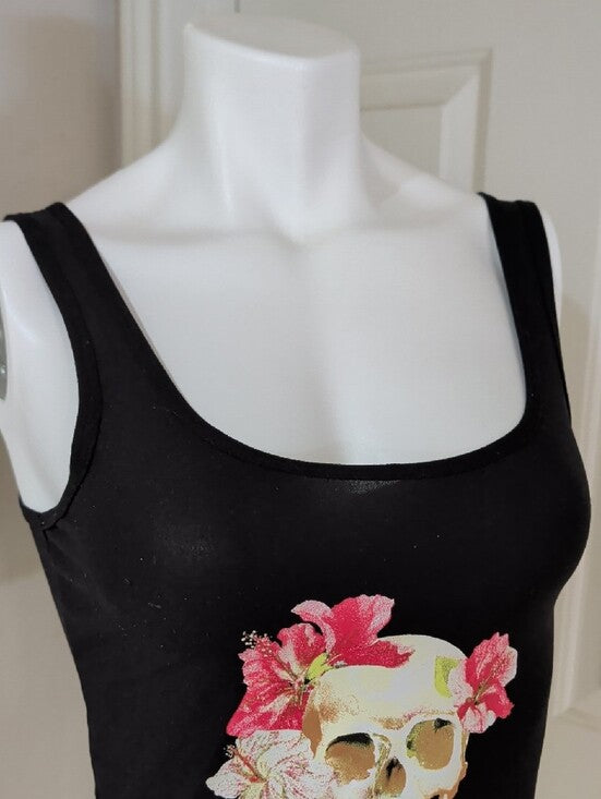 No Boundaries Black Tank Top with Floral Skull Print Small