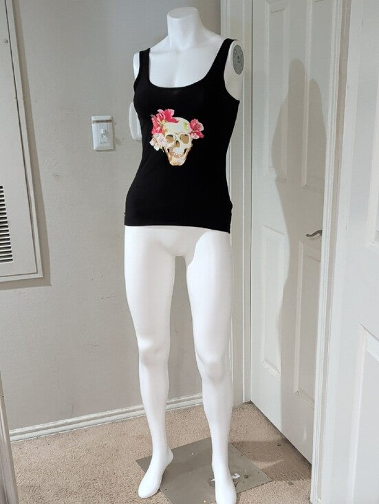 No Boundaries Black Tank Top with Floral Skull Print Small