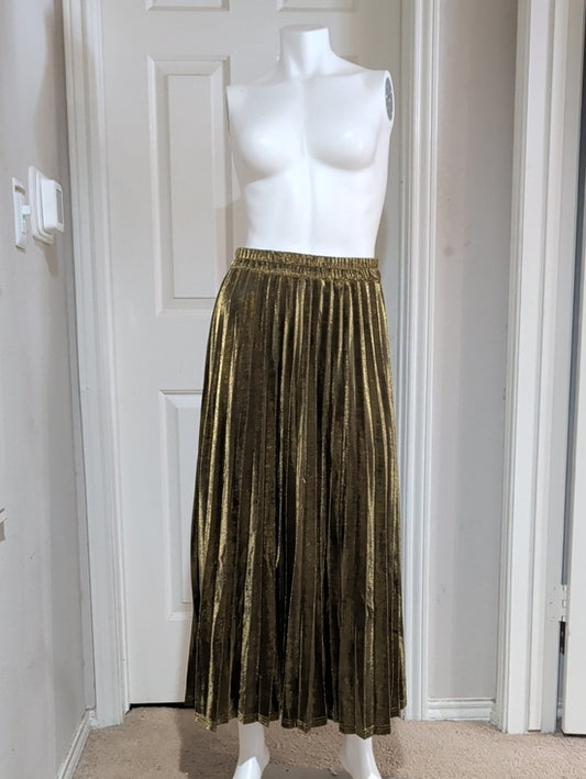 Chartou Gold Metallic Pleated Maxi Skirt with Elastic Waist Women's Small