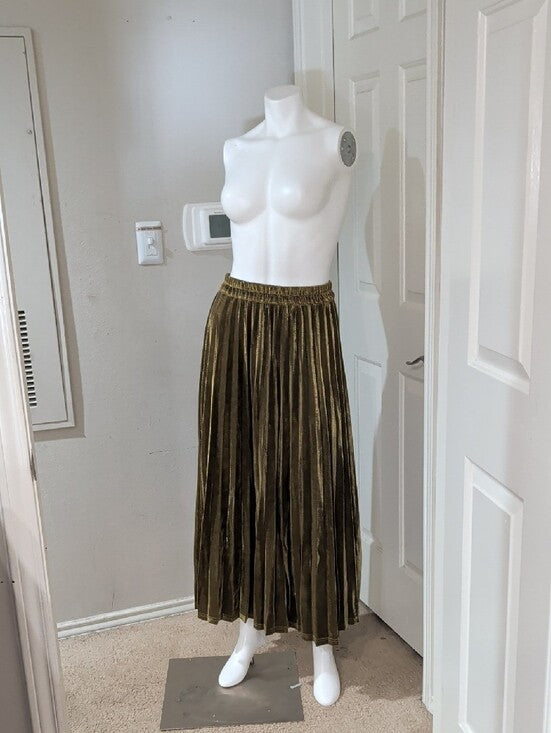 Chartou Gold Metallic Pleated Maxi Skirt with Elastic Waist Women's Small