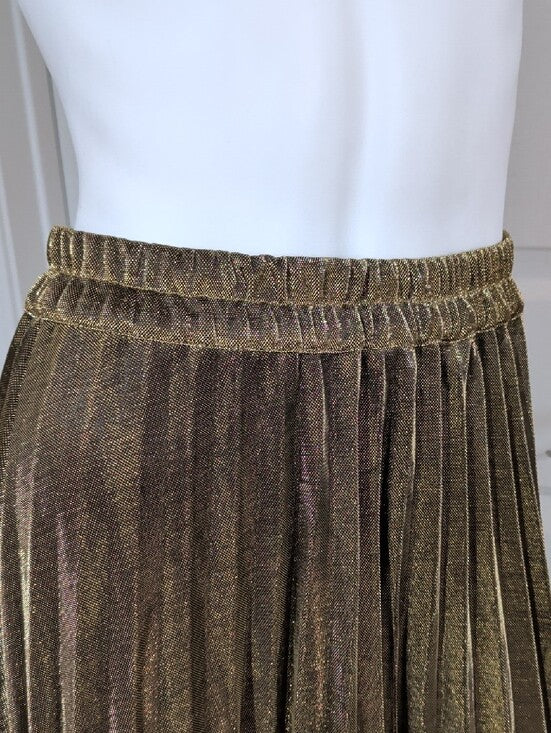 Chartou Gold Metallic Pleated Maxi Skirt with Elastic Waist Women's Small