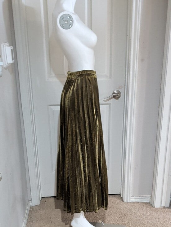 Chartou Gold Metallic Pleated Maxi Skirt with Elastic Waist Women's Small