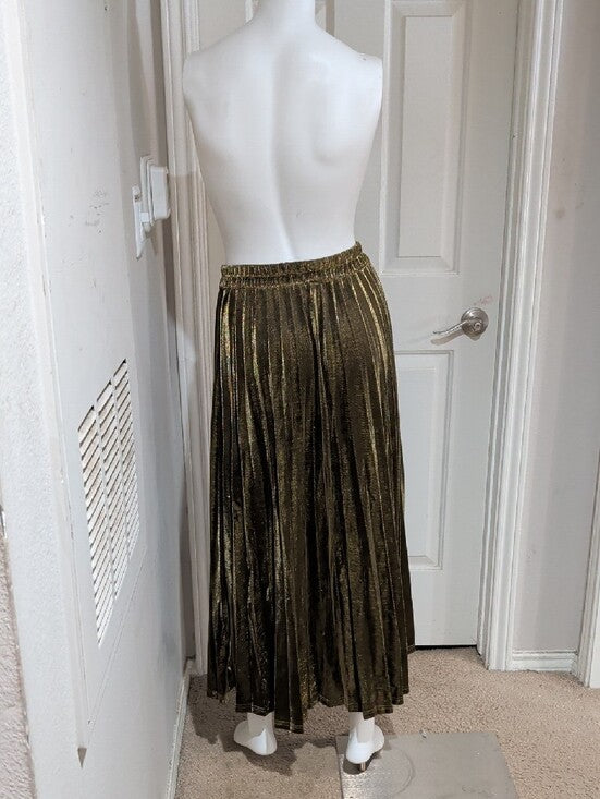 Chartou Gold Metallic Pleated Maxi Skirt with Elastic Waist Women's Small