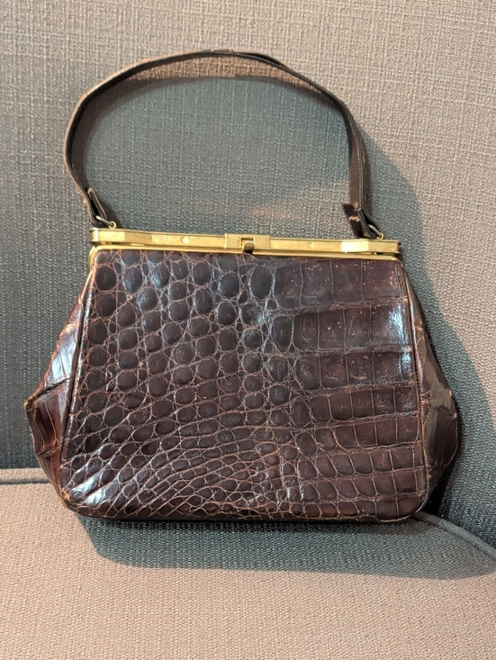 Vintage Croc-Effect Brown Top-Handle Bag with Gold Frame
