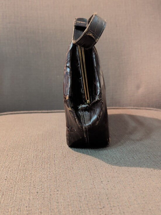 Vintage Croc-Effect Brown Top-Handle Bag with Gold Frame