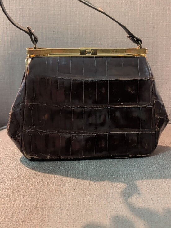 Vintage Croc-Effect Brown Top-Handle Bag with Gold Frame