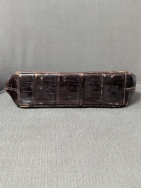 Vintage Croc-Effect Brown Top-Handle Bag with Gold Frame