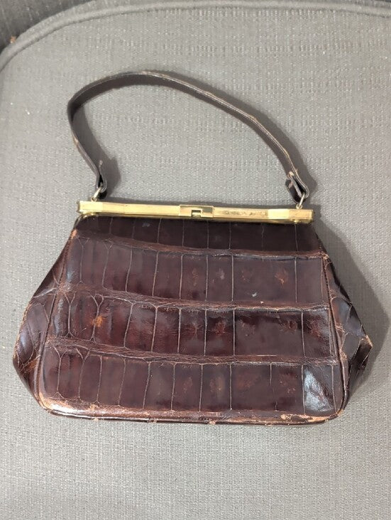 Vintage Croc-Effect Brown Top-Handle Bag with Gold Frame