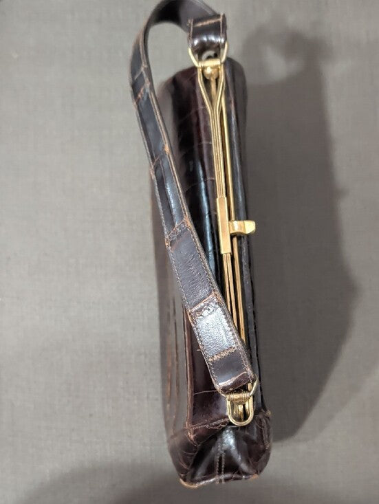 Vintage Croc-Effect Brown Top-Handle Bag with Gold Frame