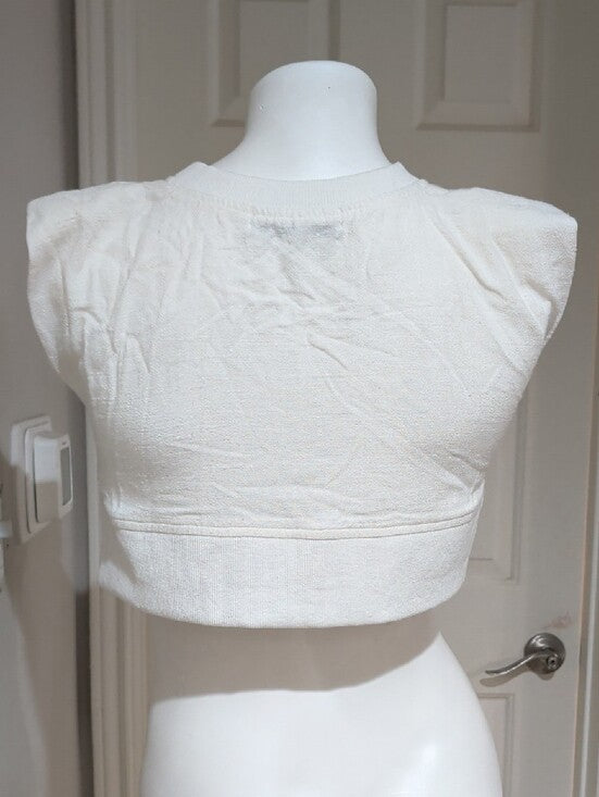 Petal & Pup White Ribbed Crewneck Linen Cropped Top Women's 0