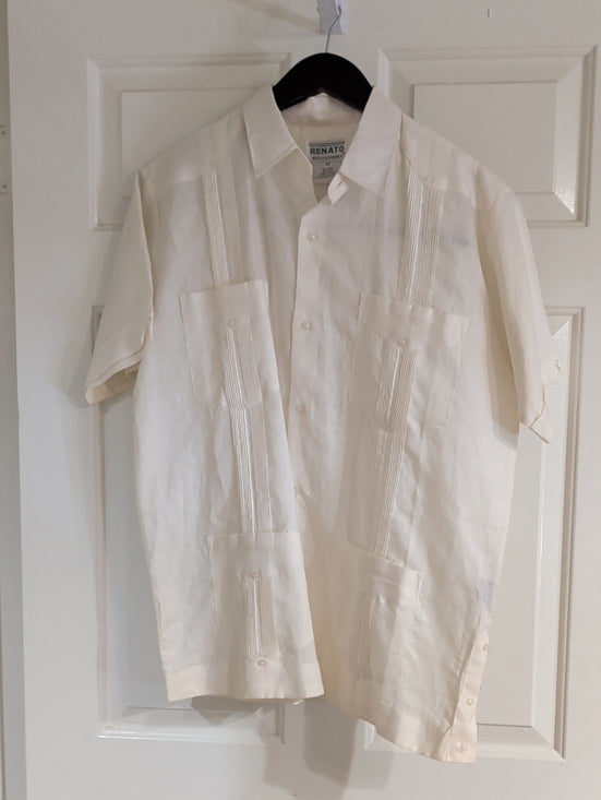 Men's Linen Cream Short-Sleeve Guayabera Button-Down Shirt Medium