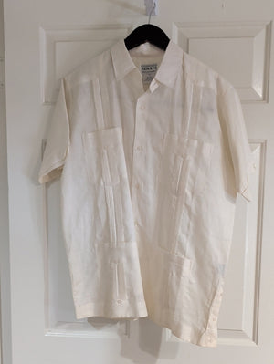 Men's Linen Cream Short-Sleeve Guayabera Button-Down Shirt Medium