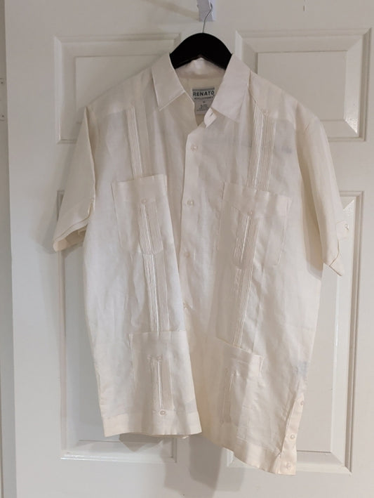 Men's Linen Cream Short-Sleeve Guayabera Button-Down Shirt Medium