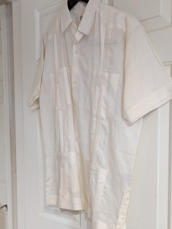 Men's Linen Cream Short-Sleeve Guayabera Button-Down Shirt Medium