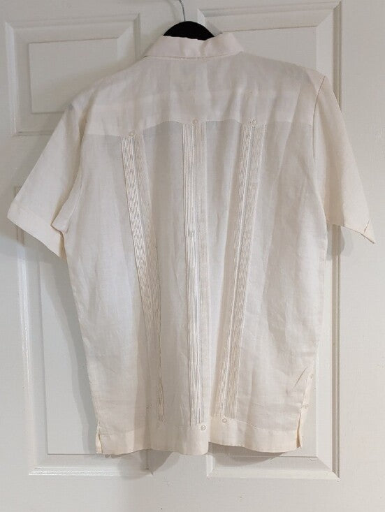 Men's Linen Cream Short-Sleeve Guayabera Button-Down Shirt Medium
