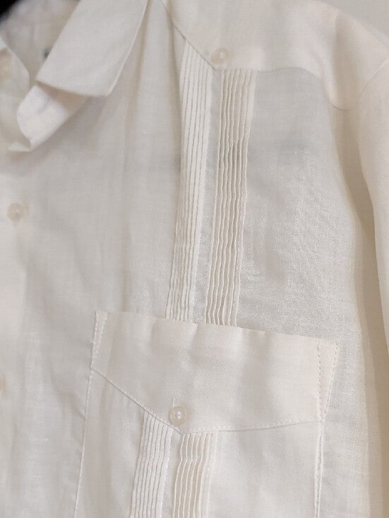 Men's Linen Cream Short-Sleeve Guayabera Button-Down Shirt Medium