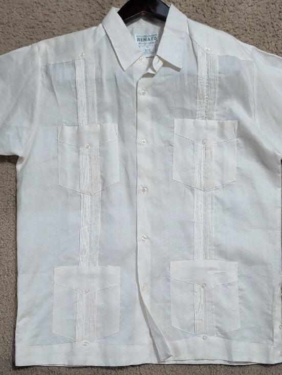 Men's Linen Cream Short-Sleeve Guayabera Button-Down Shirt Medium