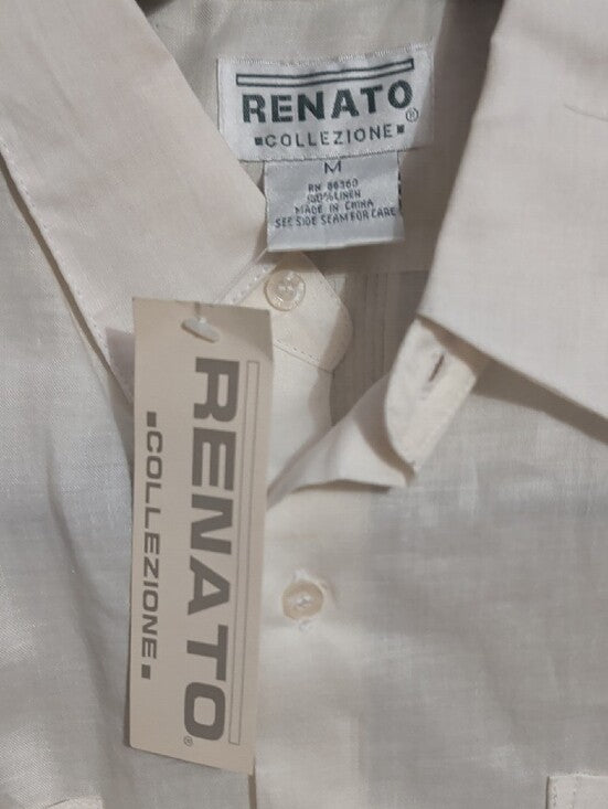 Men's Linen Cream Short-Sleeve Guayabera Button-Down Shirt Medium
