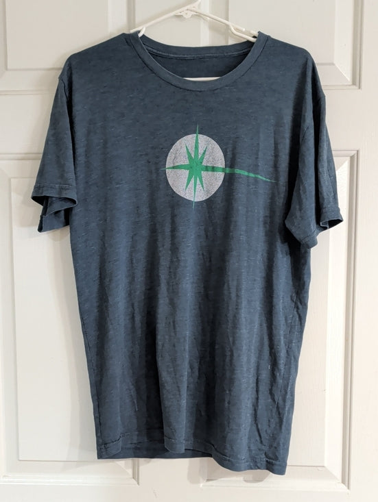 Retro Men's Blue Graphic Tee with Green Starburst Large Vintage