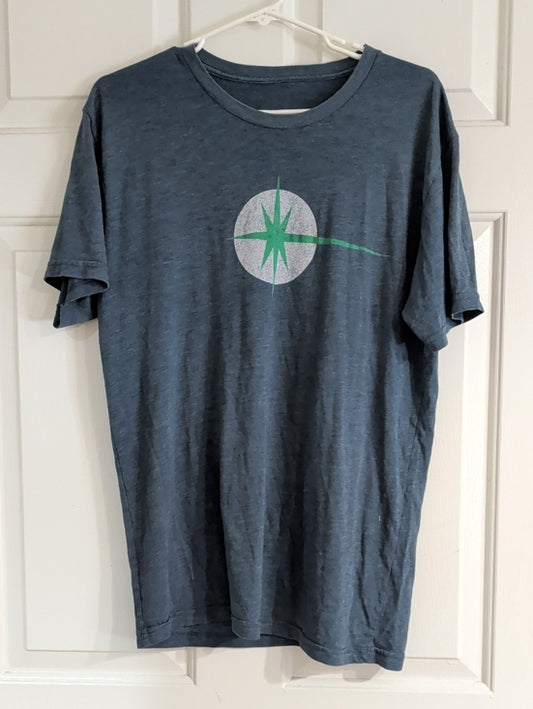 Retro Men's Blue Graphic Tee with Green Starburst Large Vintage