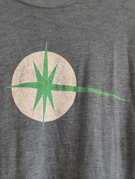 Retro Men's Blue Graphic Tee with Green Starburst Large Vintage