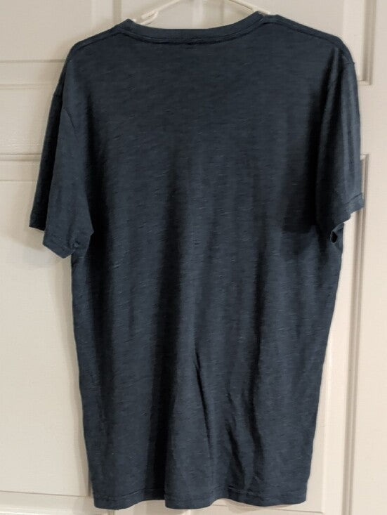 Retro Men's Blue Graphic Tee with Green Starburst Large Vintage