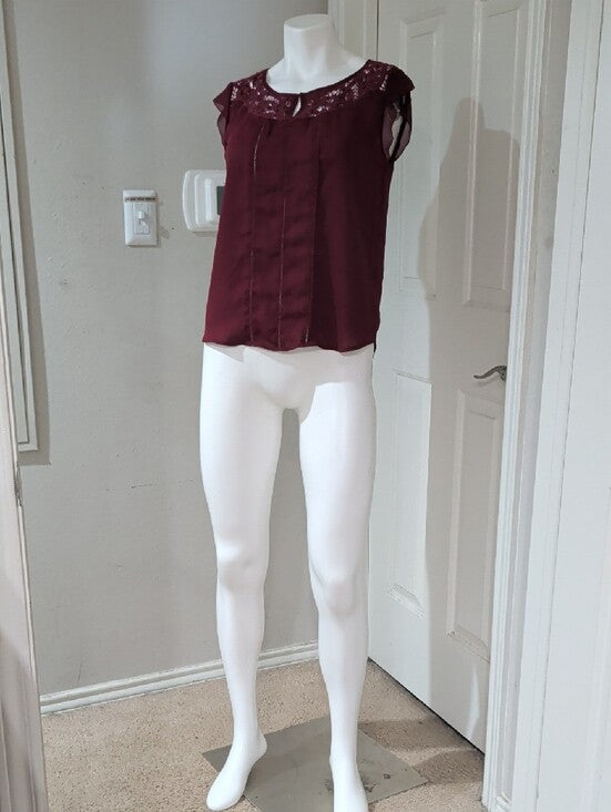 Ann Taylor Burgundy Lace Yoke Sleeveless Blouse Women's XS