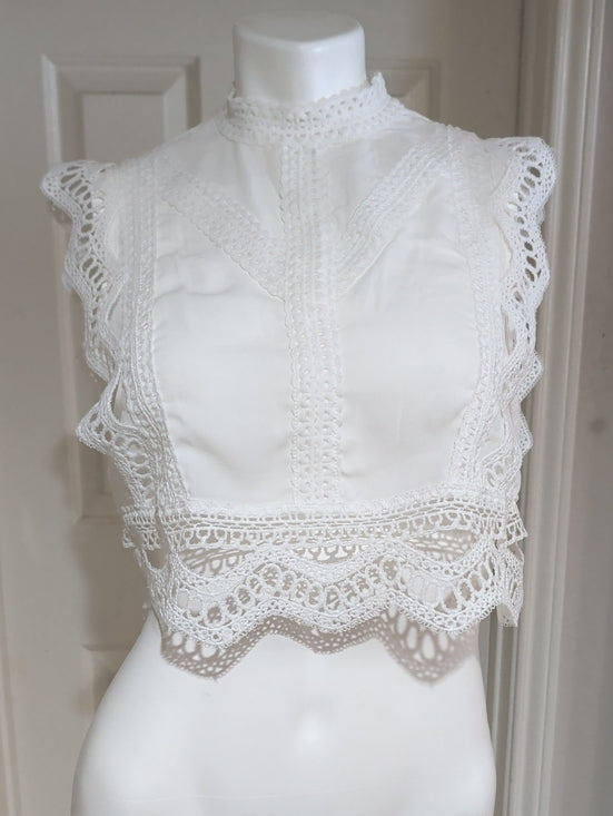 White Lace Crochet Cap Sleeve Cropped Top Women's Small