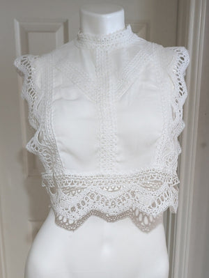 White Lace Crochet Cap Sleeve Cropped Top Women's Small