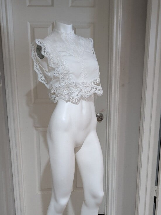 White Lace Crochet Cap Sleeve Cropped Top Women's Small