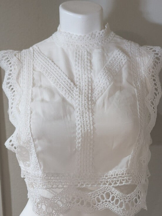 White Lace Crochet Cap Sleeve Cropped Top Women's Small