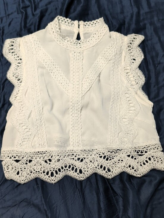 White Lace Crochet Cap Sleeve Cropped Top Women's Small